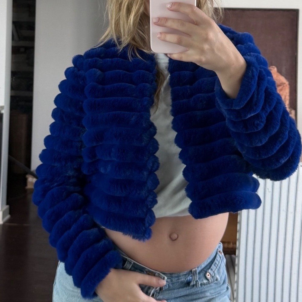 Nina Leonard Blue Faux Fur Cropped‎ Jacket Size Small